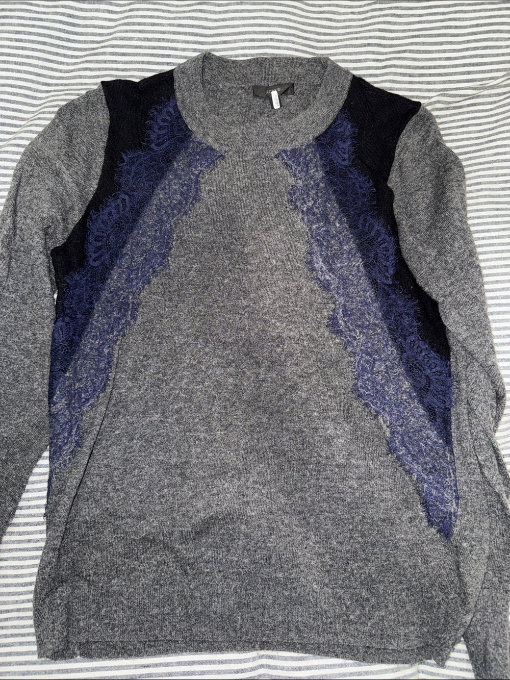 J. Crew Grey Pullover with Navy Lace Insets
